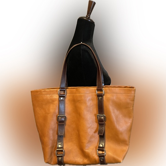 Neiman Marcus Handbags - Neiman Marcus Tan Buckle Faux Leather Tote Bag